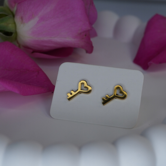 Small "Love Key" Gold Stud Stainless Steel Earrings